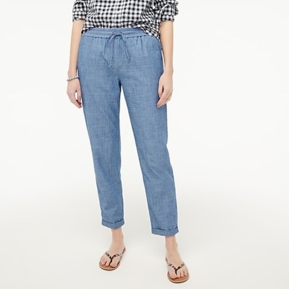 J. CREW Chambray Drawstring Pants Women 12 Blue 100% Cotton Pull On - Picture 1 of 10
